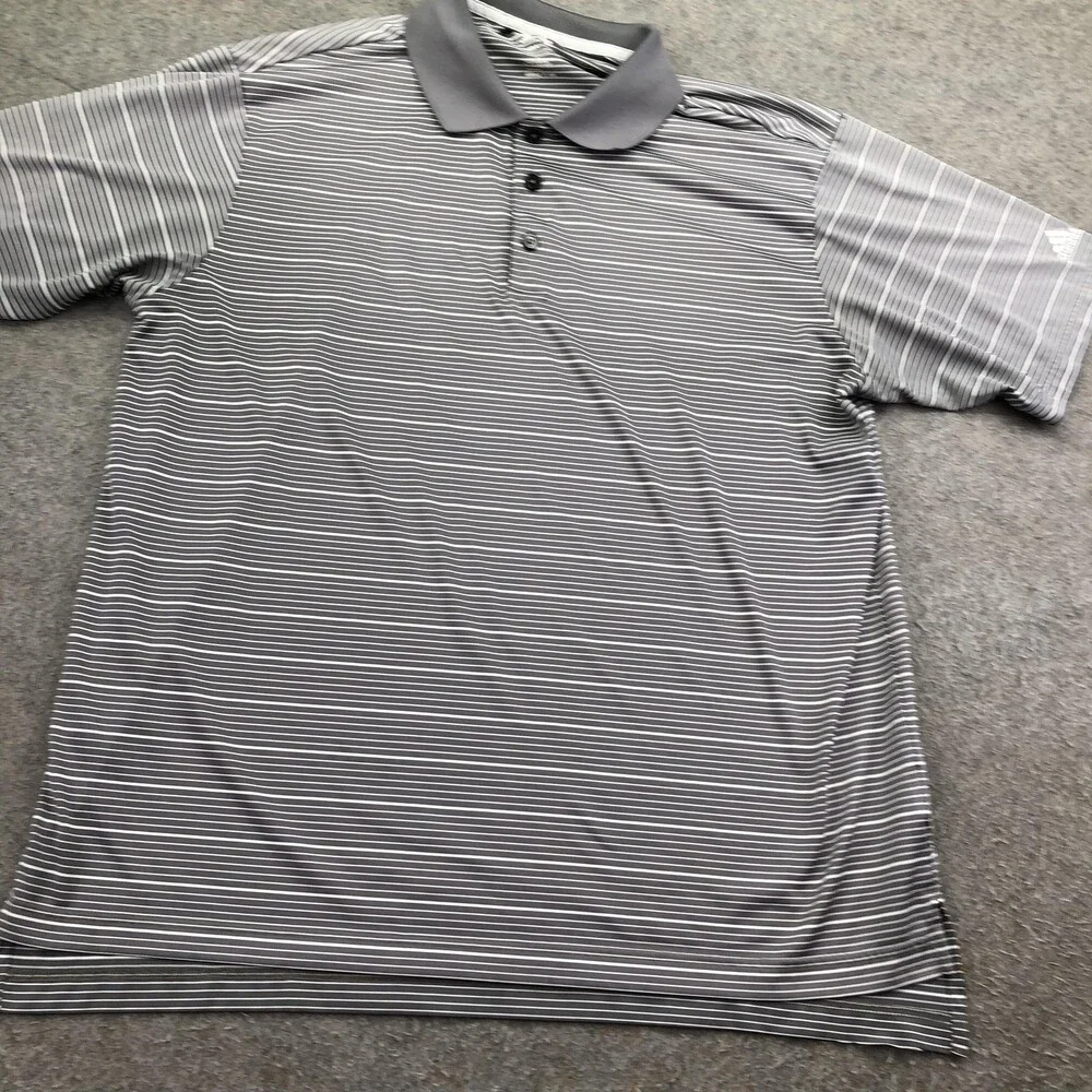 Adidas Polo Shirt Mens XL Gray Striped Knit Moisture Wicking Short Sleeve Golf
